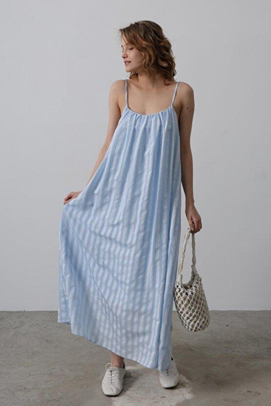 Askılı Çizgi Desen Elbise - Bebe Mavisi