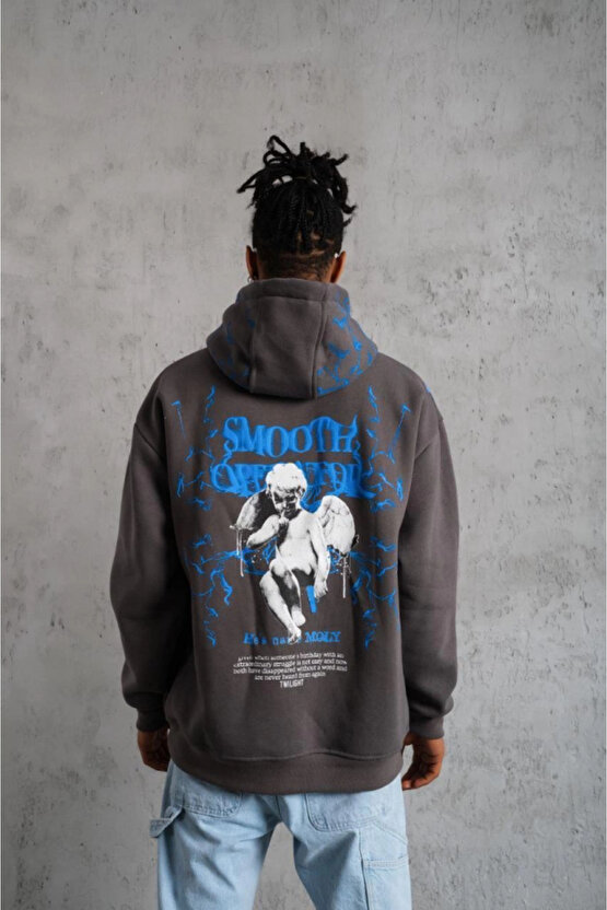 Sidelya Concept Erkek Yıldırım Baskılı Kapşonlu Sweatshirt - Gri