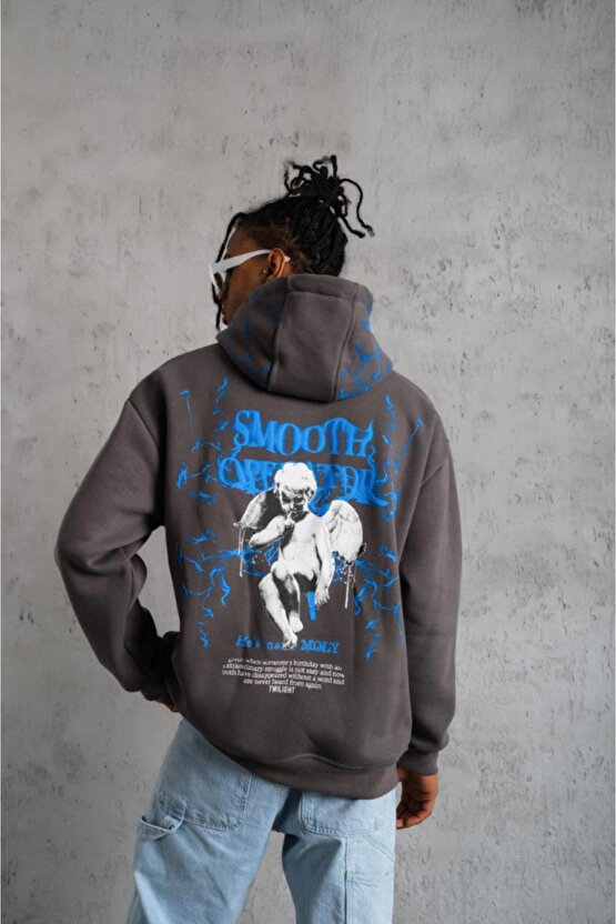 Sidelya Concept Erkek Yıldırım Baskılı Kapşonlu Sweatshirt - Gri