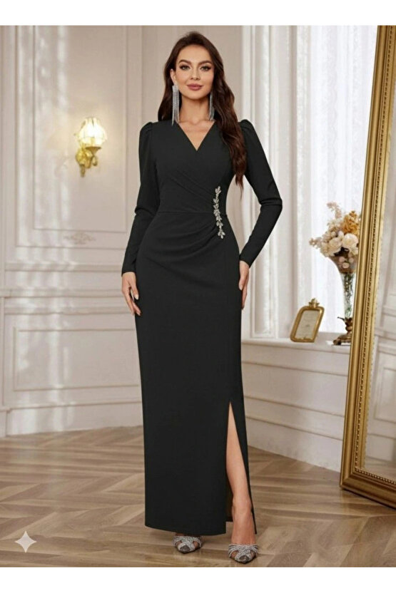 MDB Kadın Uzun Kollu Kruvaze Yakalı Yanları Taşlı Yırtmaçlı Uzun Ithal Krep Elbise