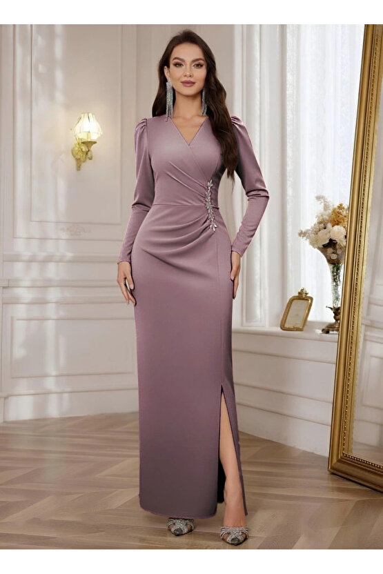 MDB Kadın Uzun Kollu Kruvaze Yakalı Yanları Taşlı Yırtmaçlı Uzun Ithal Krep Elbise