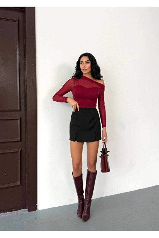 MDB Kadın Uzun Kollu Omuz Dekoltesi Ve Transparan Tül Detay Bluz