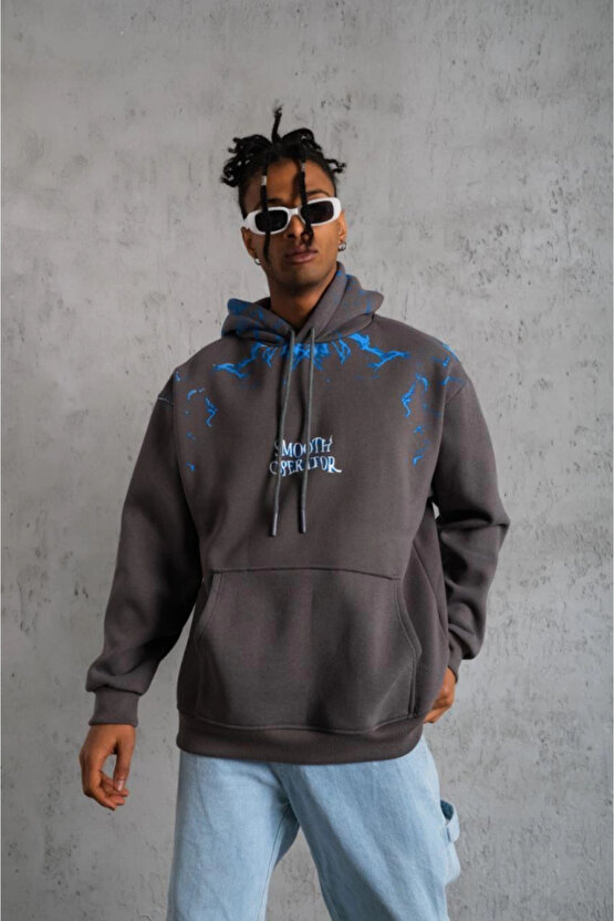 Sidelya Concept Erkek Yıldırım Baskılı Kapşonlu Sweatshirt - Gri