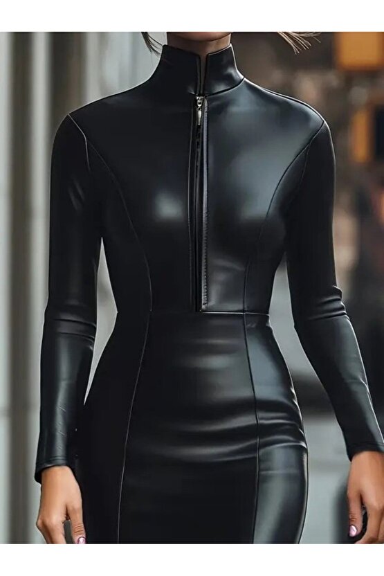 Kadın Uzun Kollu Yakalı Fermuarlı Mini Deri Elbise