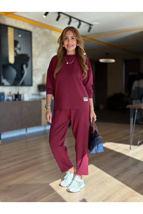 Kadın Uzun Kollu Bisiklet Yaka Viskon Iki Iplik Bluz Ve Pantolon Ikili Takım