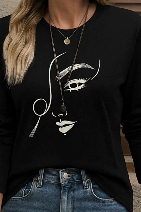 MDB Kadın Uzun Kollu Bisiklet Yaka Yüz Desenli Viskon Bluz