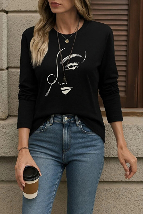 MDB Kadın Uzun Kollu Bisiklet Yaka Yüz Desenli Viskon Bluz