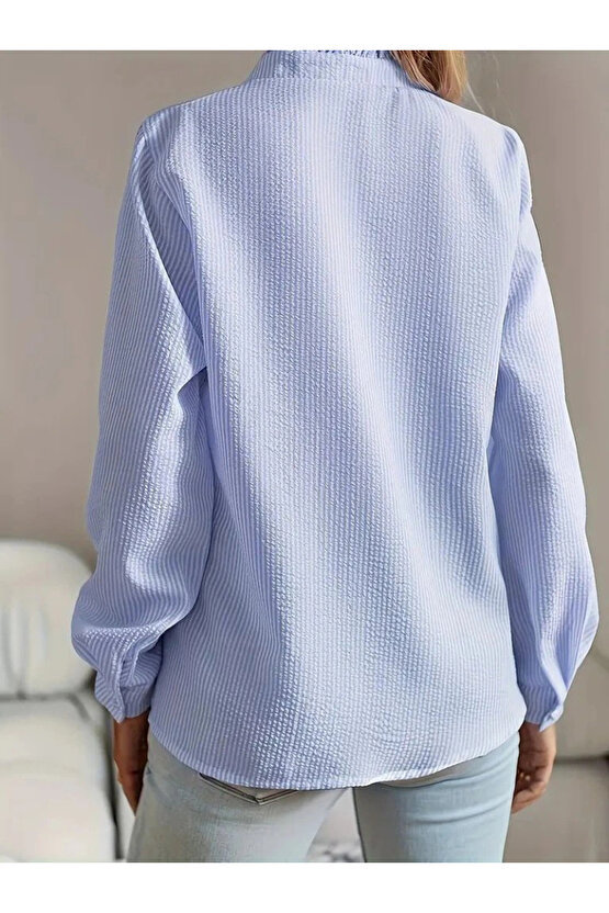 Kadın Uzun Kollu Fırfır Yakalı önden Düğmeli çizgili Burgu Gömlek