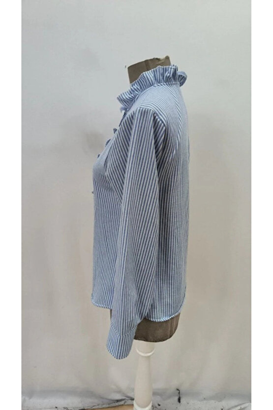 Kadın Uzun Kollu Fırfır Yakalı önden Düğmeli çizgili Burgu Gömlek