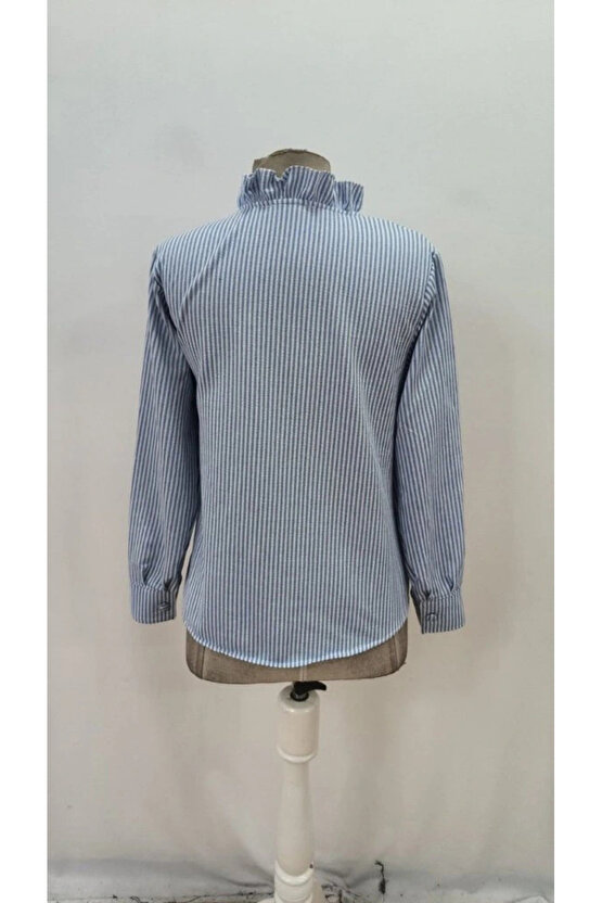 Kadın Uzun Kollu Fırfır Yakalı önden Düğmeli çizgili Burgu Gömlek