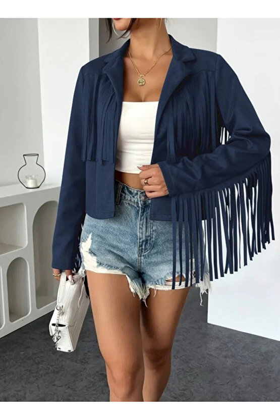 Kadın Uzun Kollu Yakalı Kısa Püsküllü Süet Ceket