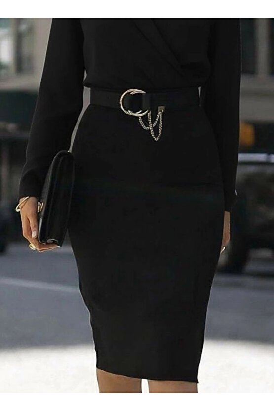 Kadın Uzun Kollu Kruvaze Yaka Janjan Krep Midi Elbise