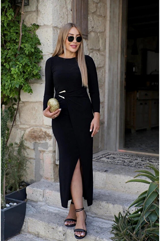 MDB Kadın Uzun Kollu önden çapraz Detaylı Yandan Toka Detaylı Uzun Sandy Elbise