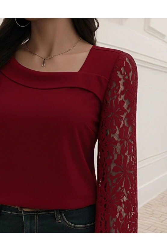 Kadın Uzun Kollu Asimetrik Yakalı Dantelli Ithal Krep Bluz