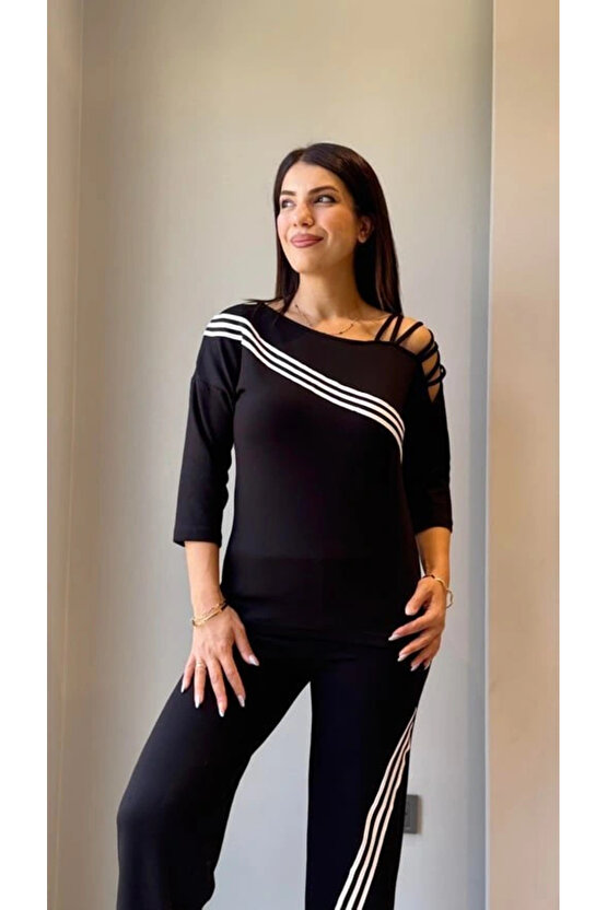 Kadın Uzun Kollu Truvakar Kol Tek Omuz çapraz şerit Detaylı Ribanalı Viskon Iki Iplik Bluz Ve Pantol