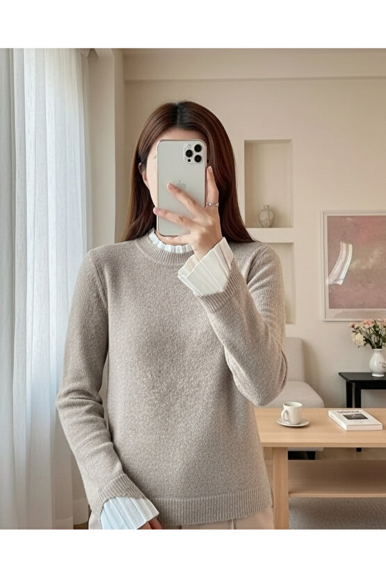 Kadın Uzun Kollu Fırfırlı Yakalı Triko Krem Bluz