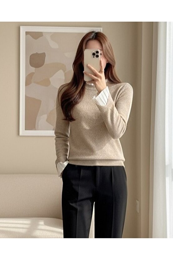 Kadın Uzun Kollu Fırfırlı Yakalı Triko Krem Bluz