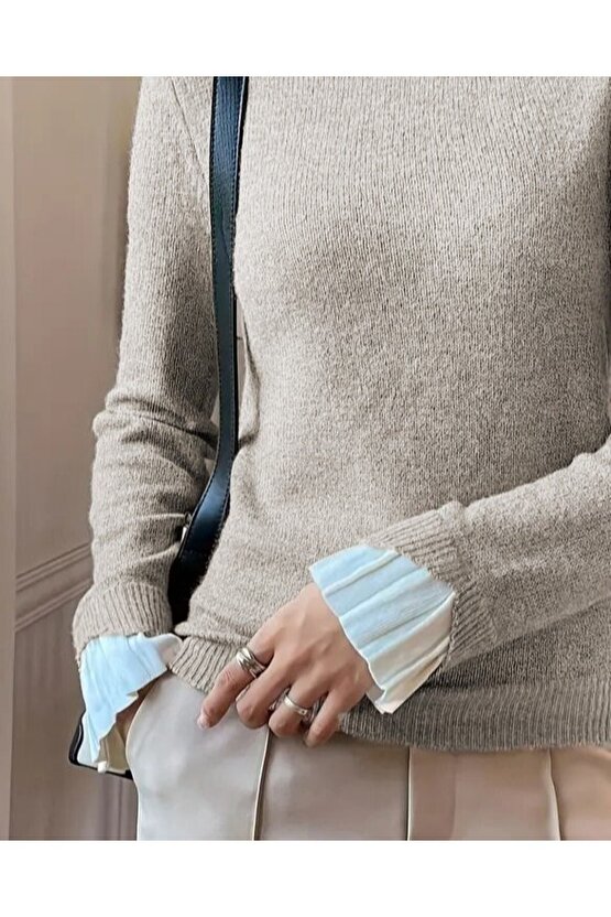 Kadın Uzun Kollu Fırfırlı Yakalı Triko Krem Bluz