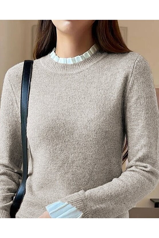 Kadın Uzun Kollu Fırfırlı Yakalı Triko Krem Bluz