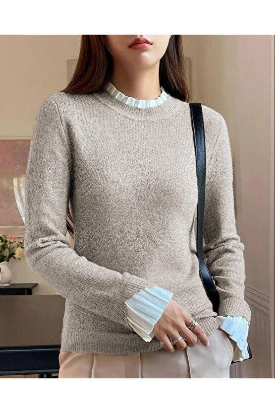 Kadın Uzun Kollu Fırfırlı Yakalı Triko Krem Bluz