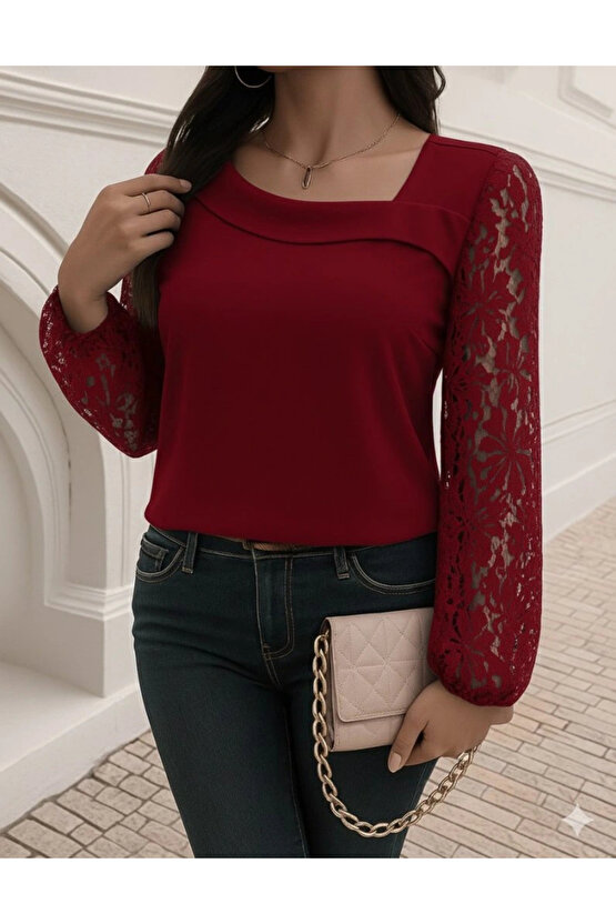 Kadın Uzun Kollu Asimetrik Yakalı Dantelli Ithal Krep Bluz