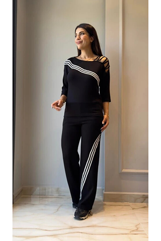 Kadın Uzun Kollu Truvakar Kol Tek Omuz çapraz şerit Detaylı Ribanalı Viskon Iki Iplik Bluz Ve Pantol