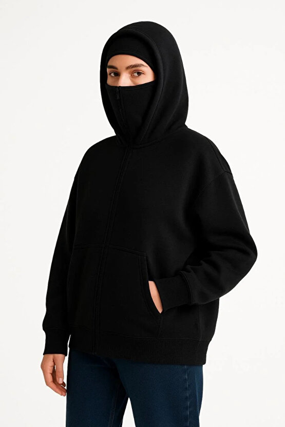 Kadın Samuray Ninja Çift Kapüşonlu Maske Detaylı Fermuarlı Kanguru Cepli Hoodie - Siyah