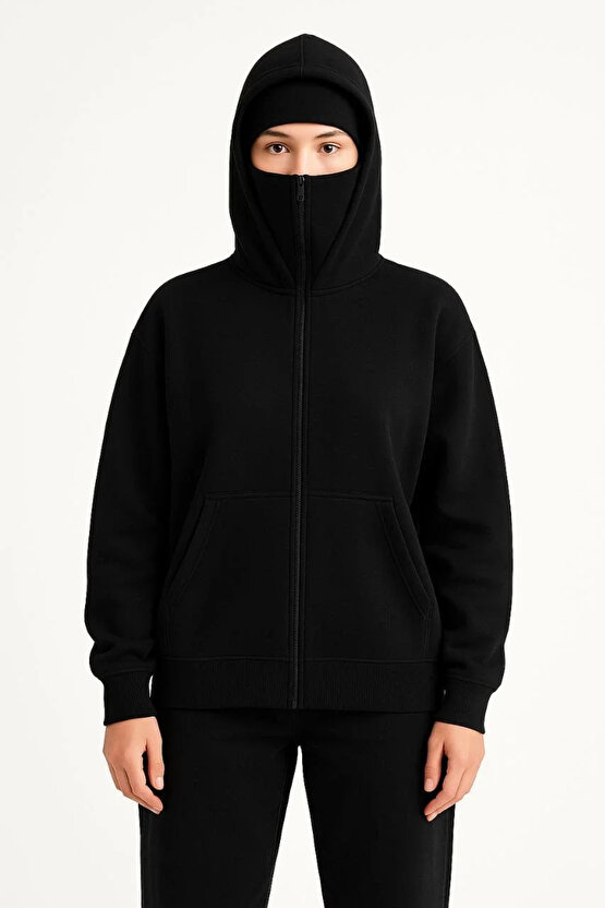 Kadın Samuray Ninja Çift Kapüşonlu Maske Detaylı Fermuarlı Kanguru Cepli Hoodie - Siyah