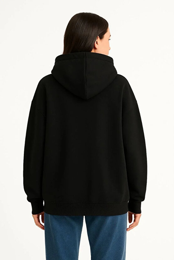 Kadın Samuray Ninja Çift Kapüşonlu Maske Detaylı Fermuarlı Kanguru Cepli Hoodie - Siyah