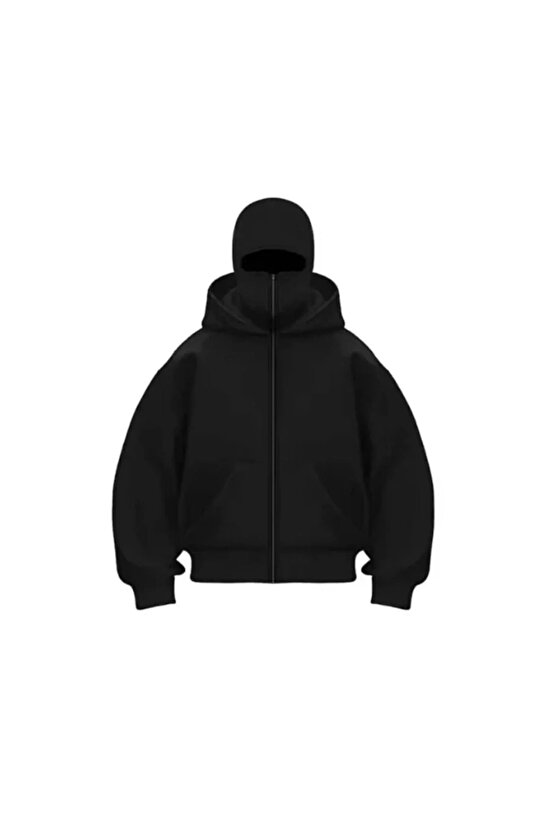 Kadın Samuray Ninja Çift Kapüşonlu Maske Detaylı Fermuarlı Kanguru Cepli Hoodie - Siyah