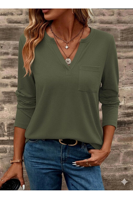 MDB Kadın Uzun Kollu Cepli V Yakalı Viskon Iki Iplik Bluz
