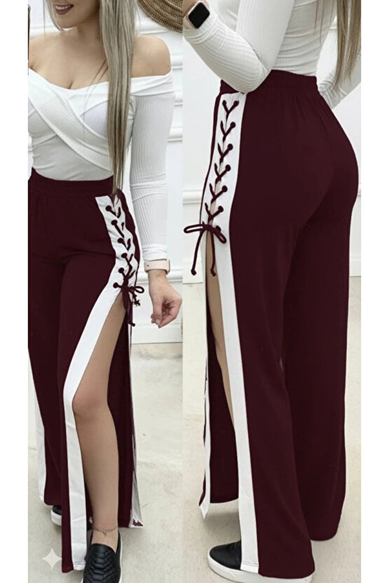 MDB Kadın Yüksek Bel Yandan çapraz Bağcıklı Yırtmaçlı Viskon Iki Iplik Pantolon