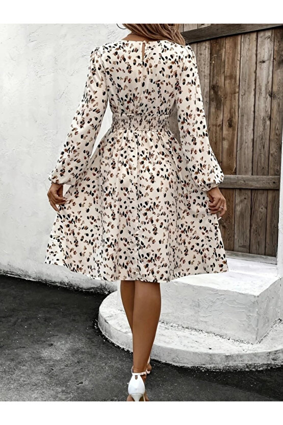 MDB Kadın Uzun Kollu Bot Yaka Beli Lastikli Midi Süprem Elbise