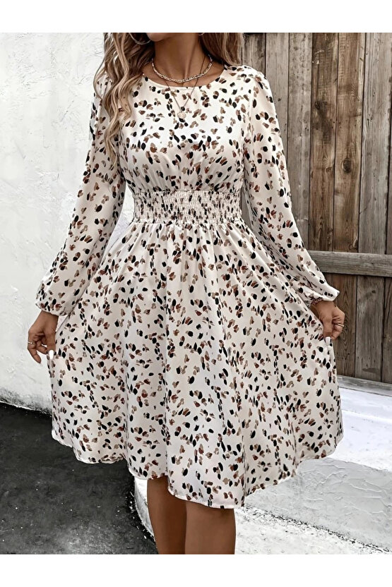 MDB Kadın Uzun Kollu Bot Yaka Beli Lastikli Midi Süprem Elbise