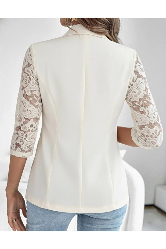 MDB Kadın Uzun Kollu Truvakar Kol önden Düğmeli Cepli Dantelli Atlas Ceket