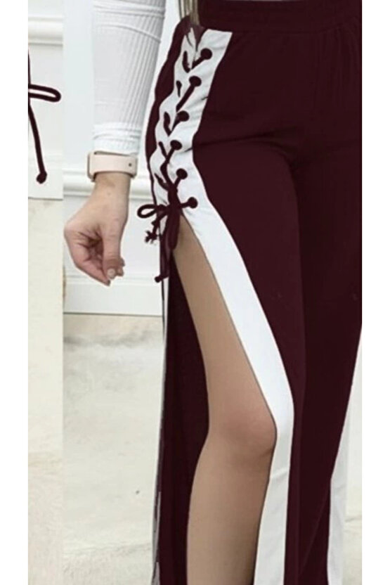 MDB Kadın Yüksek Bel Yandan çapraz Bağcıklı Yırtmaçlı Viskon Iki Iplik Pantolon