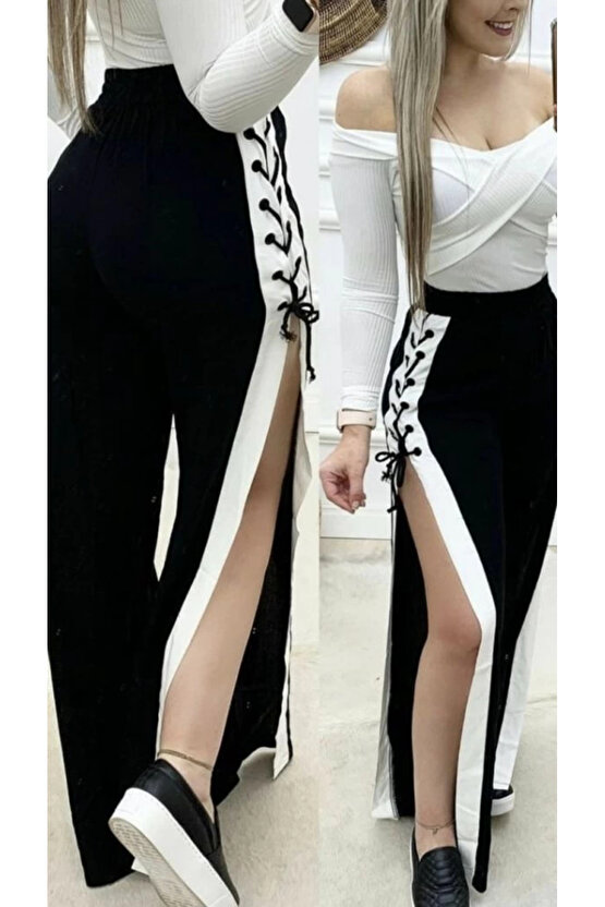 MDB Kadın Yüksek Bel Yandan çapraz Bağcıklı Yırtmaçlı Viskon Iki Iplik Pantolon