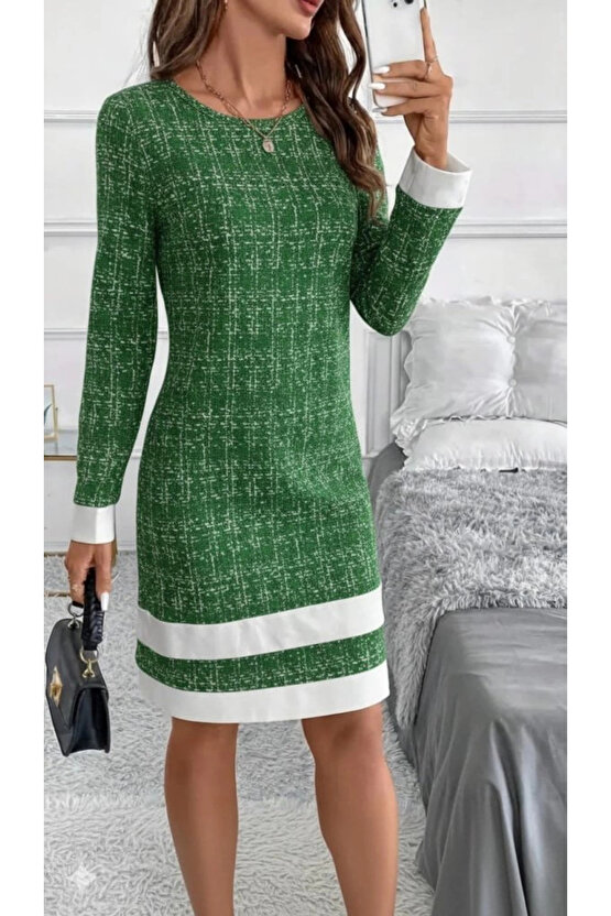 MDB Kadın Uzun Kollu Yuvarlak Yaka Etek Ucu şerit Detaylı Mini Dokuma Elbise