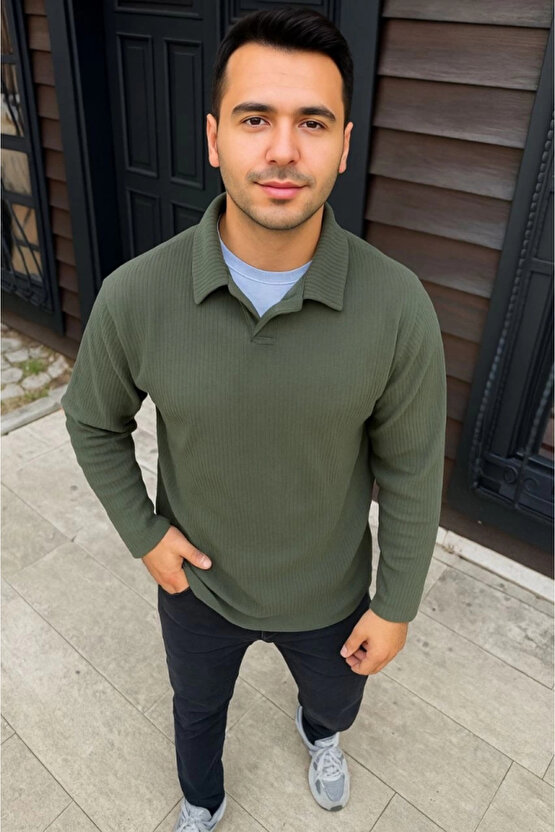 Erkek Fitilli Polar Sweatshirt – Düğmesiz Polo Yaka, Oversize Rahat Kalıp, Kalın Polar Kumaş, Kışlık