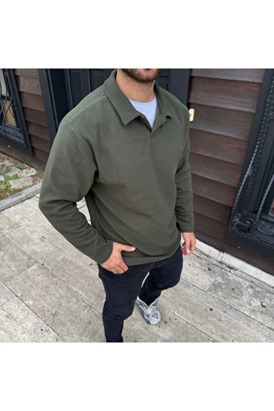 Erkek Fitilli Polar Sweatshirt – Düğmesiz Polo Yaka, Oversize Rahat Kalıp, Kalın Polar Kumaş, Kışlık