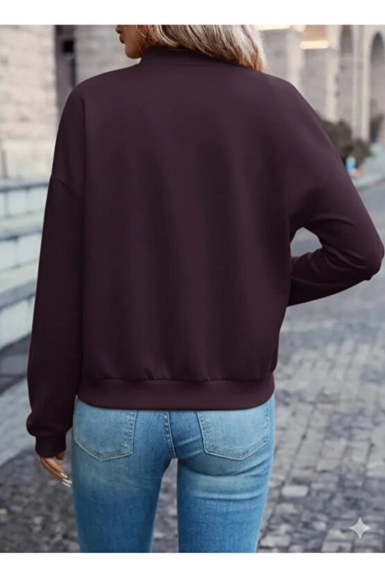 MDB Kadın Uzun Kollu önden Fermuarlı Cepli Modal Mürdüm Ceket