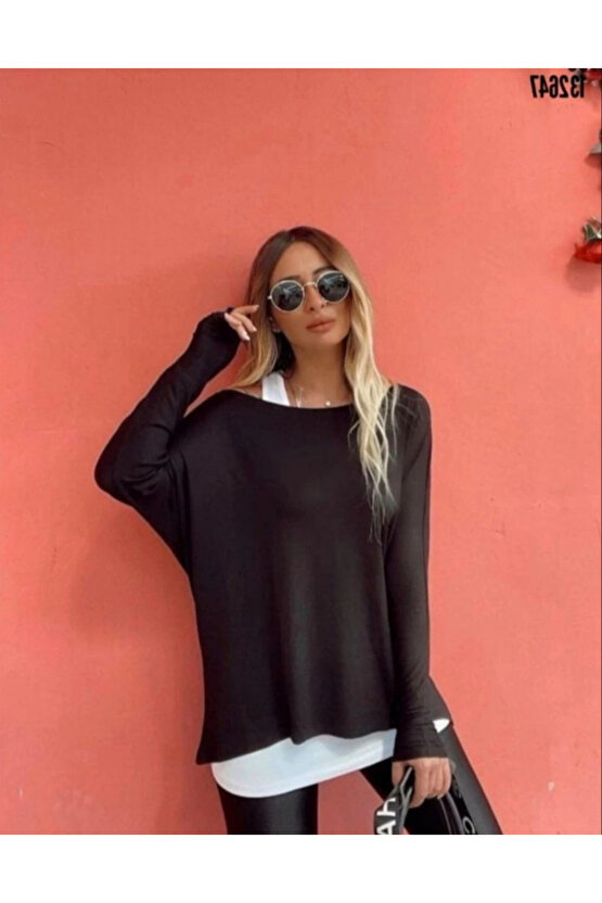 MDB Kadın Uzun Kollu Tek Omuzdan Açık çilek Bluz Ve Viskon Atlet Ikili Takım