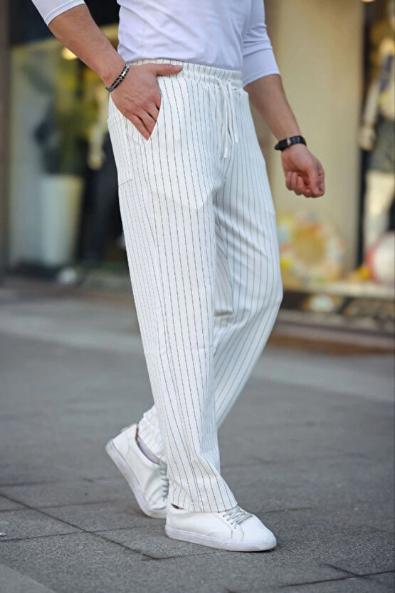MDB Erkek Cizgili Dokuma Krep Jogger Buggy Pantalon Rahat Kalıp Beyaz