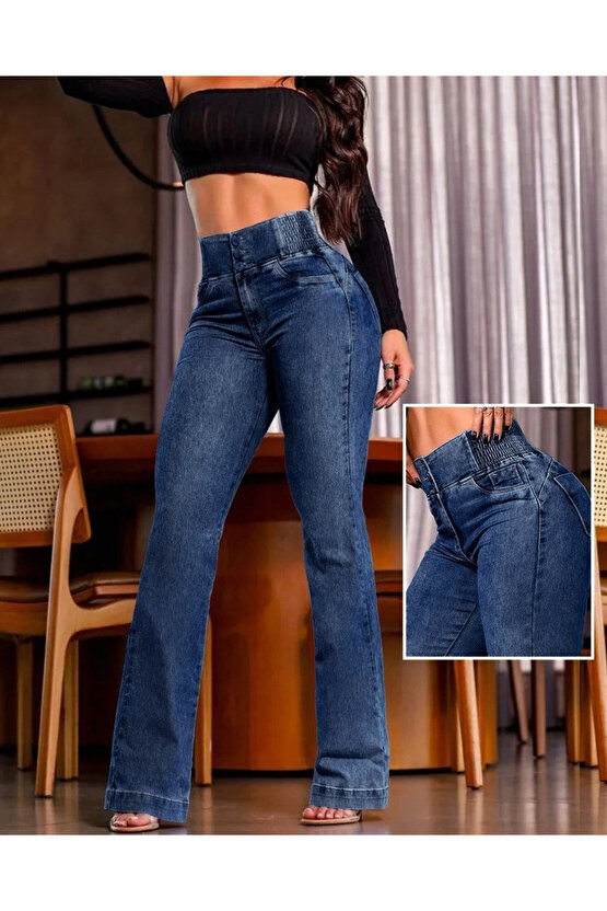 Kadın Yüksek Bel Yanları Lastik önü Düğmeli Kot Pantolon