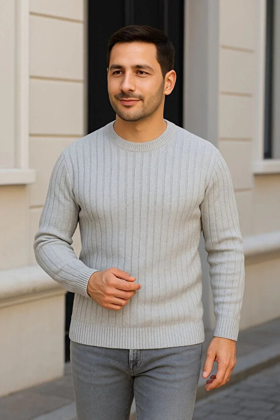 Erkek Bisiklet Yuvarlak Yaka Triko Kazak Pamuklu Kalın Fitilli Dokuma, Regular Fit Uzun Kollu Kışlık