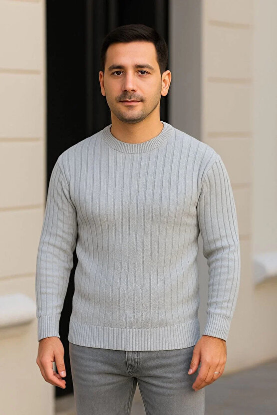 Erkek Bisiklet Yuvarlak Yaka Triko Kazak Pamuklu Kalın Fitilli Dokuma, Regular Fit Uzun Kollu Kışlık