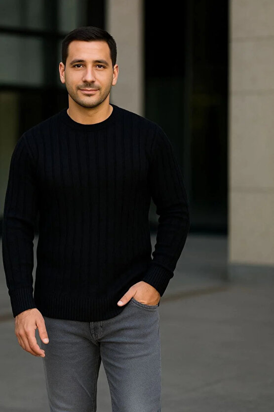 Erkek Bisiklet Yuvarlak Yaka Triko Kazak Pamuklu Kalın Fitilli Dokuma, Regular Fit Uzun Kollu Kışlık