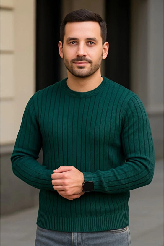 Erkek Bisiklet Yuvarlak Yaka Triko Kazak Pamuklu Kalın Fitilli Dokuma, Regular Fit Uzun Kollu Kışlık