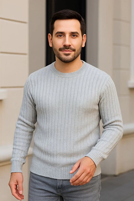 Erkek Bisiklet Yuvarlak Yaka Triko Kazak Pamuklu Kalın Fitilli Dokuma, Regular Fit Uzun Kollu Kışlık