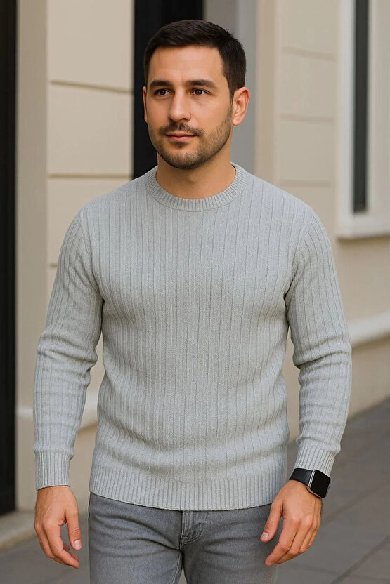 Erkek Bisiklet Yuvarlak Yaka Triko Kazak Pamuklu Kalın Fitilli Dokuma, Regular Fit Uzun Kollu Kışlık